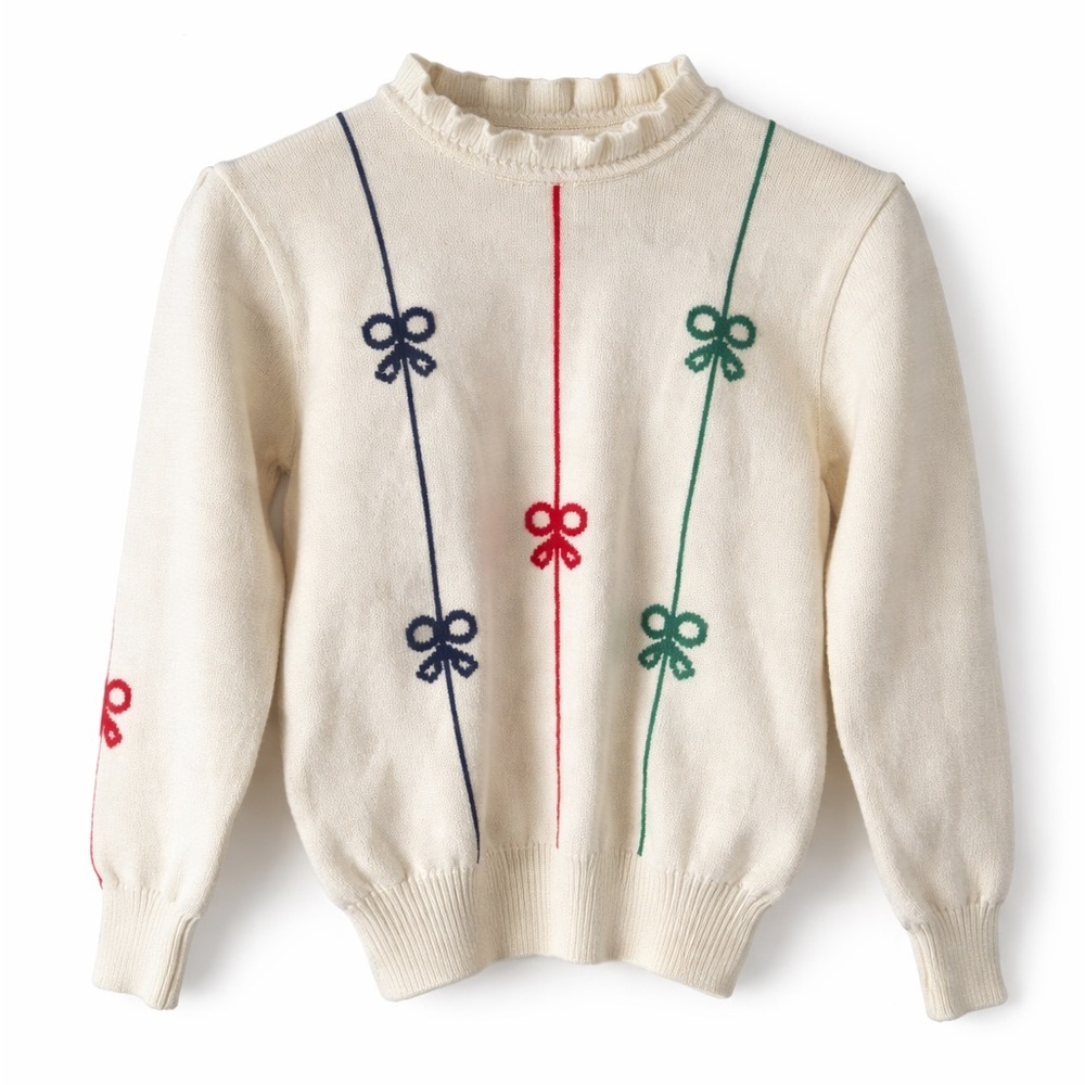 Vintage Polly Flinders Cream Bow Stripe Knit Sweater 70s Girls 12–14, Women XXS